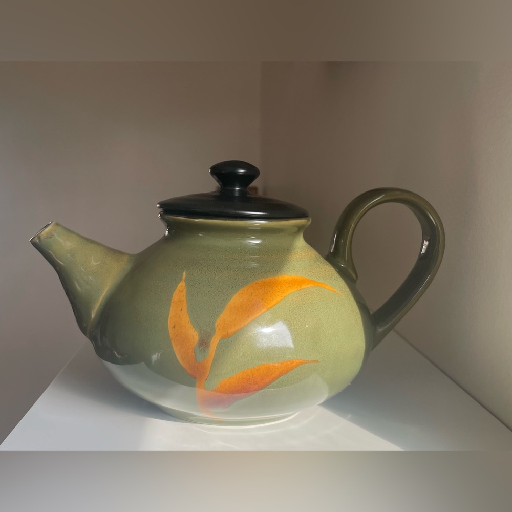 Pier One Imports Dakara Olive Green Ceramic Teapot with Orange Leaf Accent